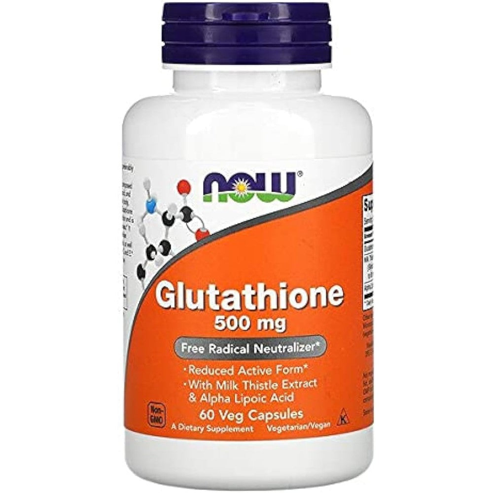 NOW Foods Glutathione Cellular Antioxidant 500 mg 60 vegetarian capsules bottle front view showing product labels