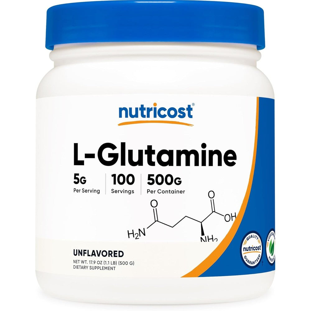 Nutricost L Glutamine Powder 500g front view container for digestive health support