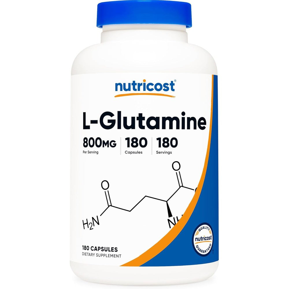 Nutricost L Glutamine vitamin supplements 800mg 180 capsules bottle for muscle recovery and gut health