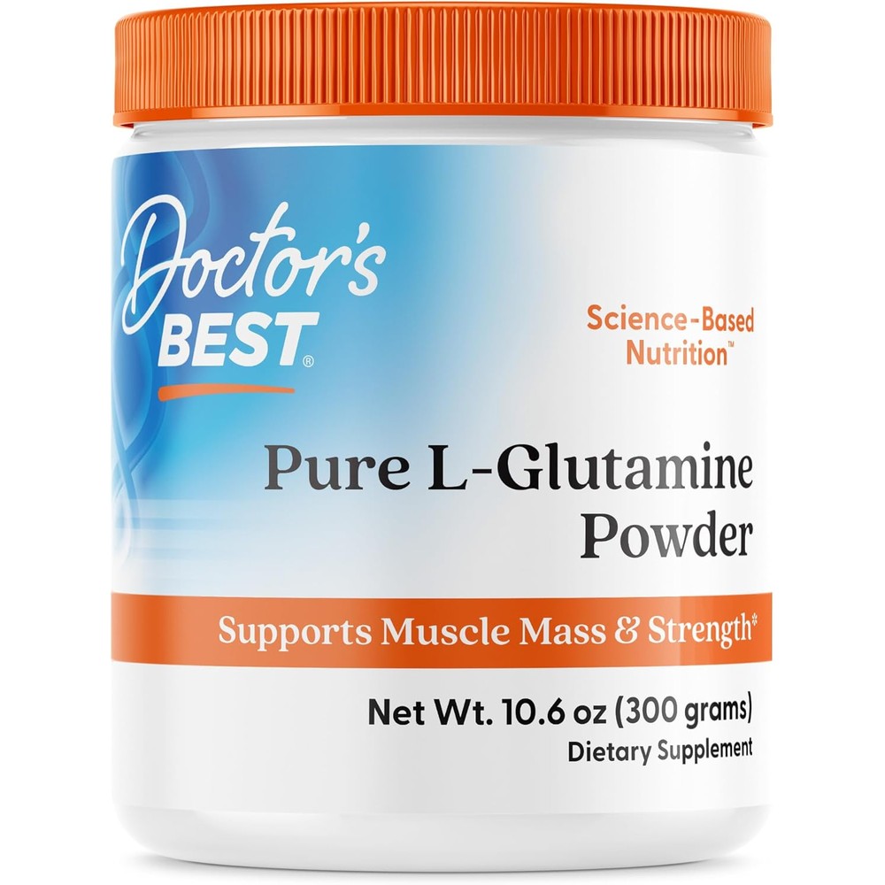 Doctor's Best Pure L Glutamine Powder 300 grams container front view showing muscle recovery benefits