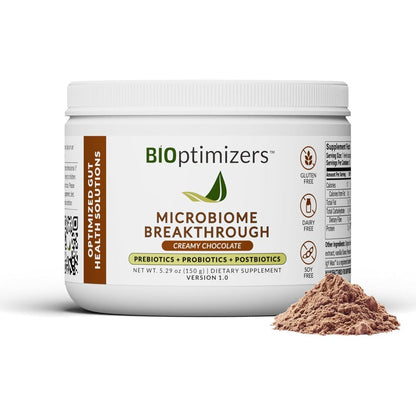 BIOptimizers Microbiome Breakthrough Chocolate Powder front view for leaky gut support