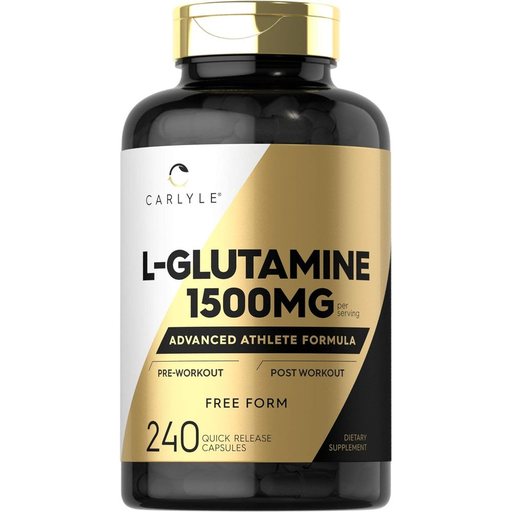 Carlyle L-Glutamine 1500mg Capsules bottle front view for athletes