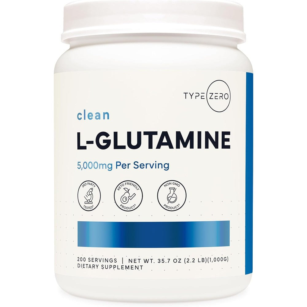 Type Zero L-Glutamine powder bottle front view for gut health