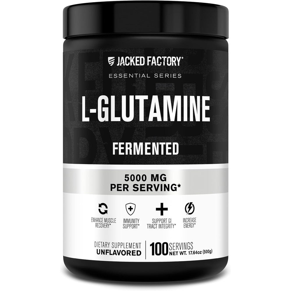 Jacked Factory L Glutamine 610g tub showing 100 servings of fermented vegan powder