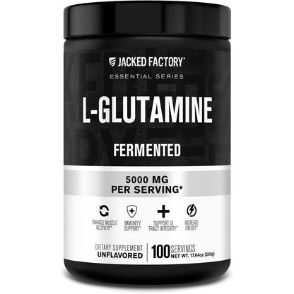Jacked Factory L Glutamine 610g tub showing 100 servings of fermented vegan powder