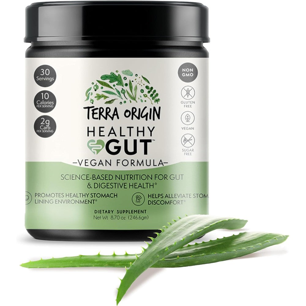Terra Origin Healthy Gut vegan formula front view supplement powder jar