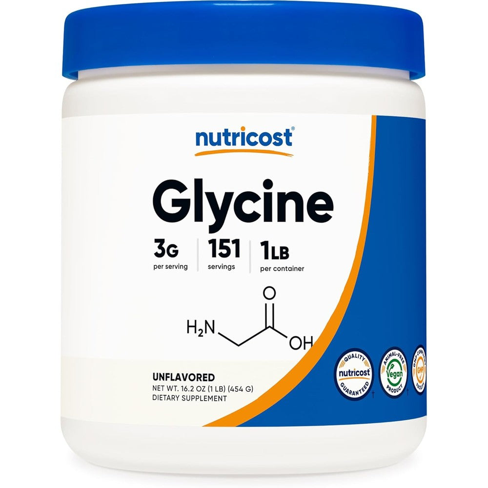 Nutricost Glycine Powder front view of one pound container showing pure amino acid supplement for sleep support