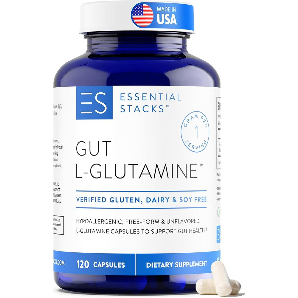 Essential Stacks Gut L-Glutamine capsules bottle front view