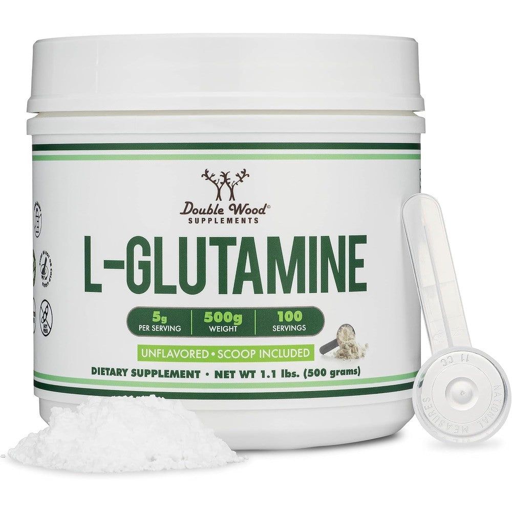 Double Wood Supplements L-Glutamine powder bottle front view for gut health.