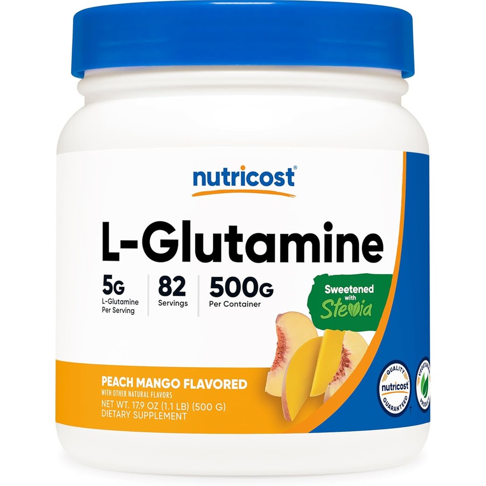 Nutricost L-Glutamine Powder Peach Mango 500 Grams front view jar for gut health.