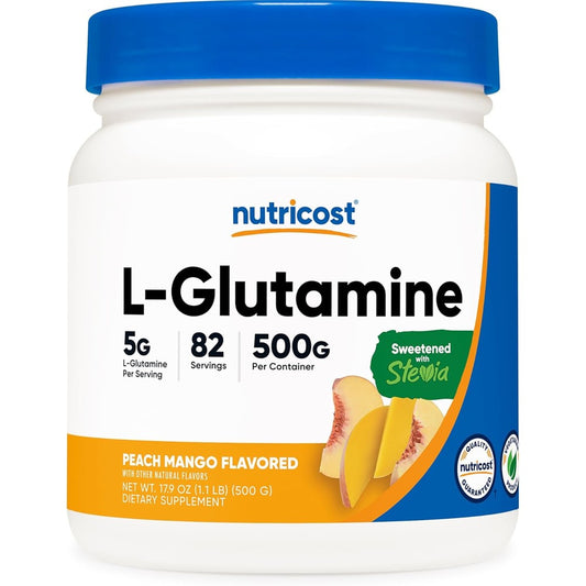 Nutricost L-Glutamine Powder Peach Mango 500 Grams front view jar for gut health.