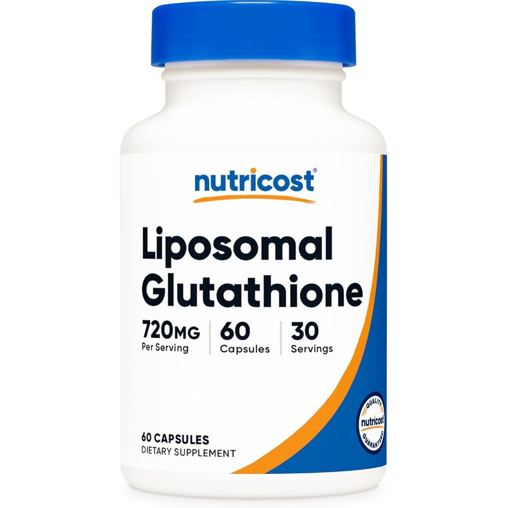 Nutricost Liposomal Glutathione 60 capsules front view bottle showing 720 mg serving size for antioxidant support.