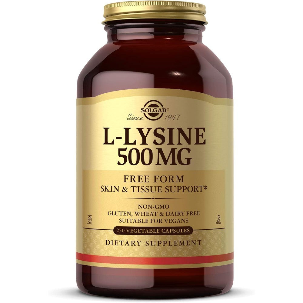 Solgar L-Lysine 500mg 250 Vegetable Capsules front bottle view