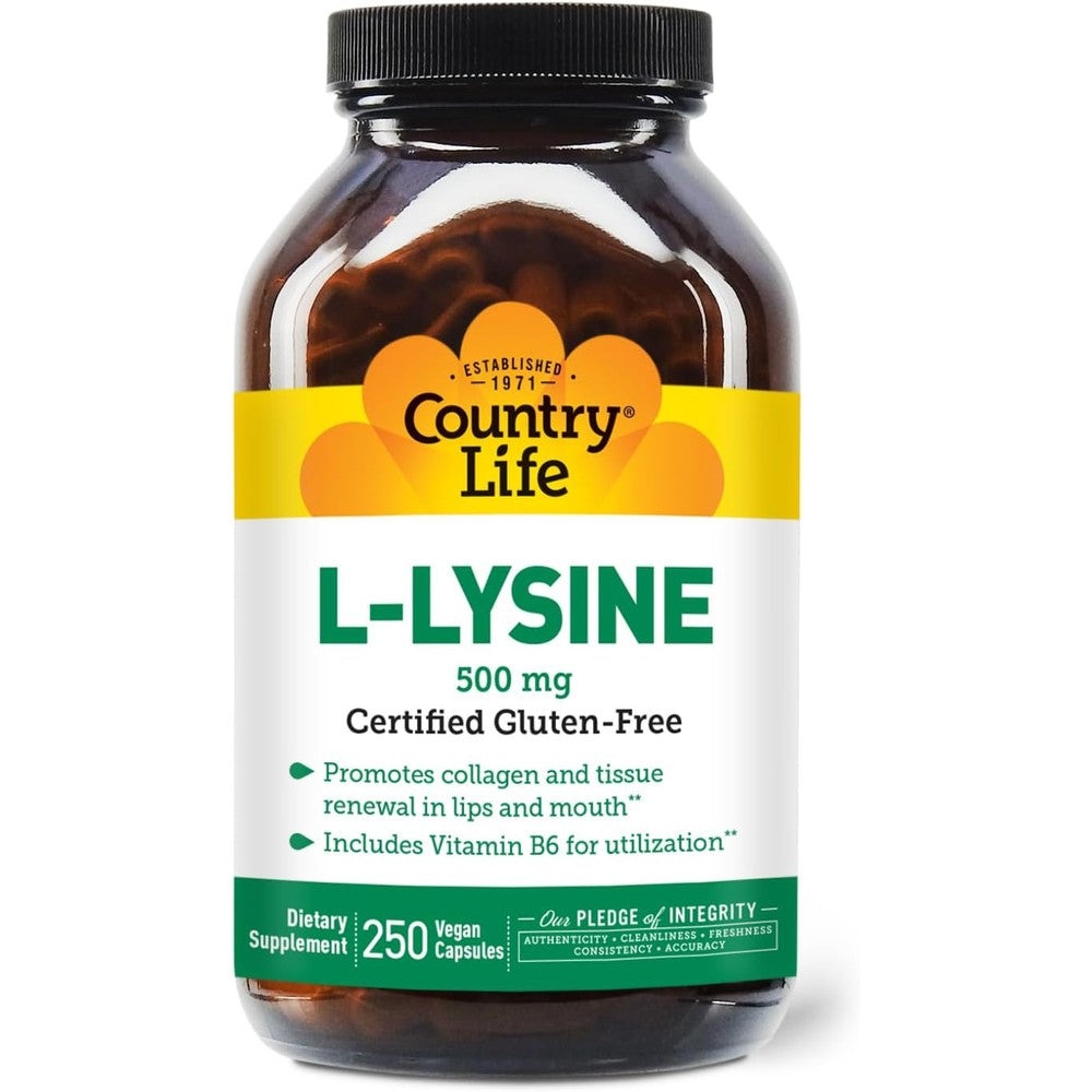 Country Life L-Lysine 500 Milligrams With Vitamin B-6 Immune Health And Collagen Support 250 Vegan Capsules - Image 1