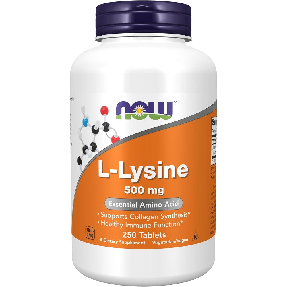 Now Foods L-Lysine 500 mg 250 tablets front bottle view for immune support