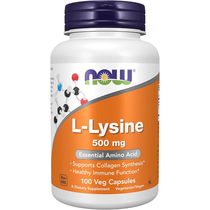 NOW Foods L-Lysine 500 mg 100 Veg Capsules front label view showing immune support benefits.