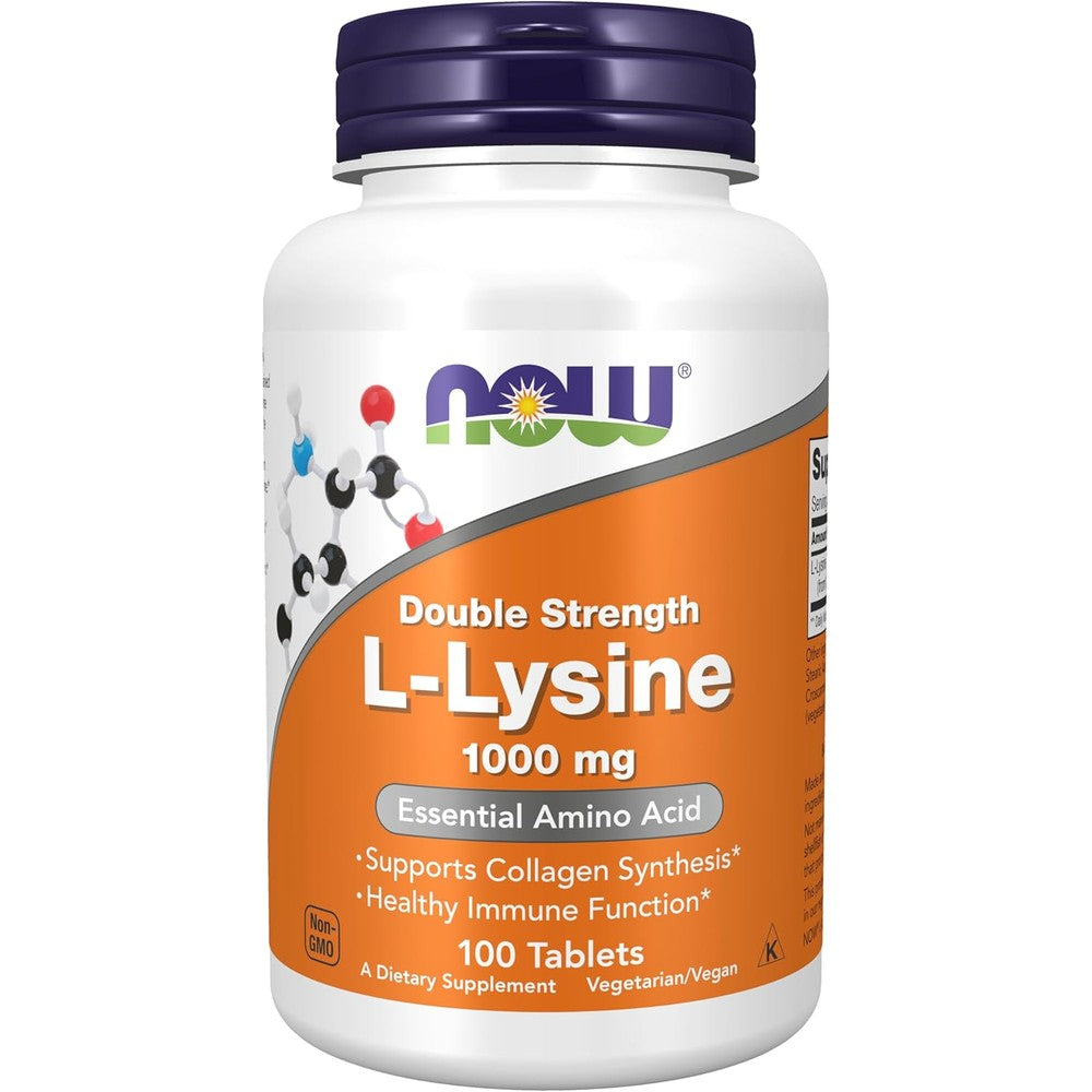 NOW Foods L-Lysine 1000 mg Double Strength 100 Tablets front view bottle for immune support