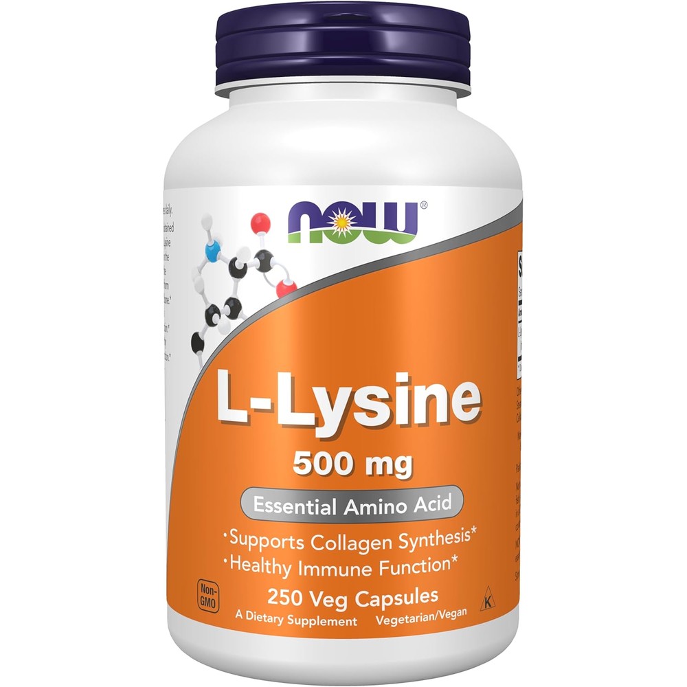 Now Foods L Lysine 500 mg 250 vegetarian capsules front bottle view for immune support