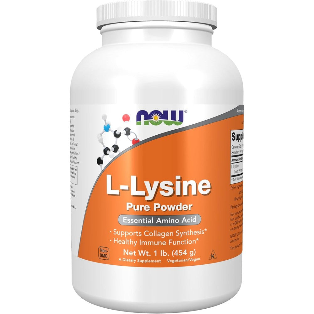 NOW Foods L-Lysine Pure Powder one pound container front view showing collagen synthesis support benefits.