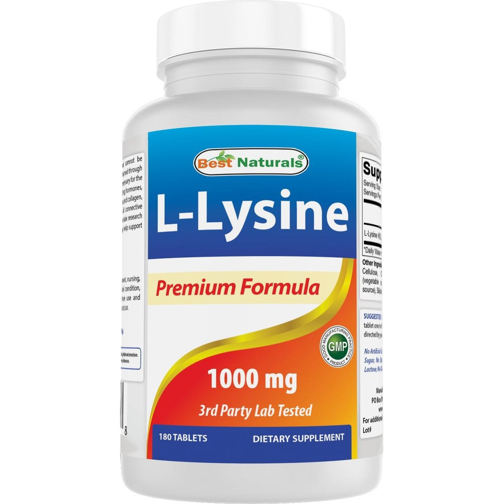 Best Naturals L-Lysine 1000mg 180 Tablets front view bottle