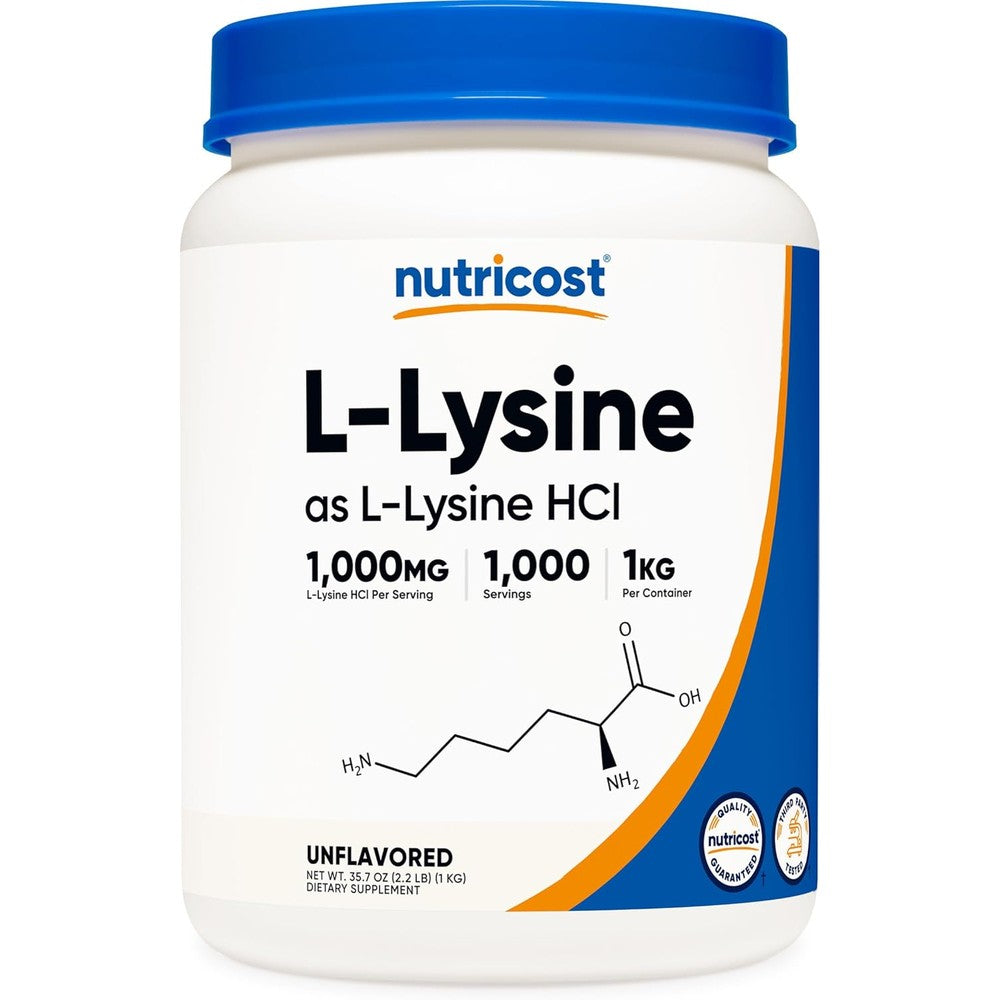 Nutricost L-Lysine Powder one kilogram front label container view for immune health