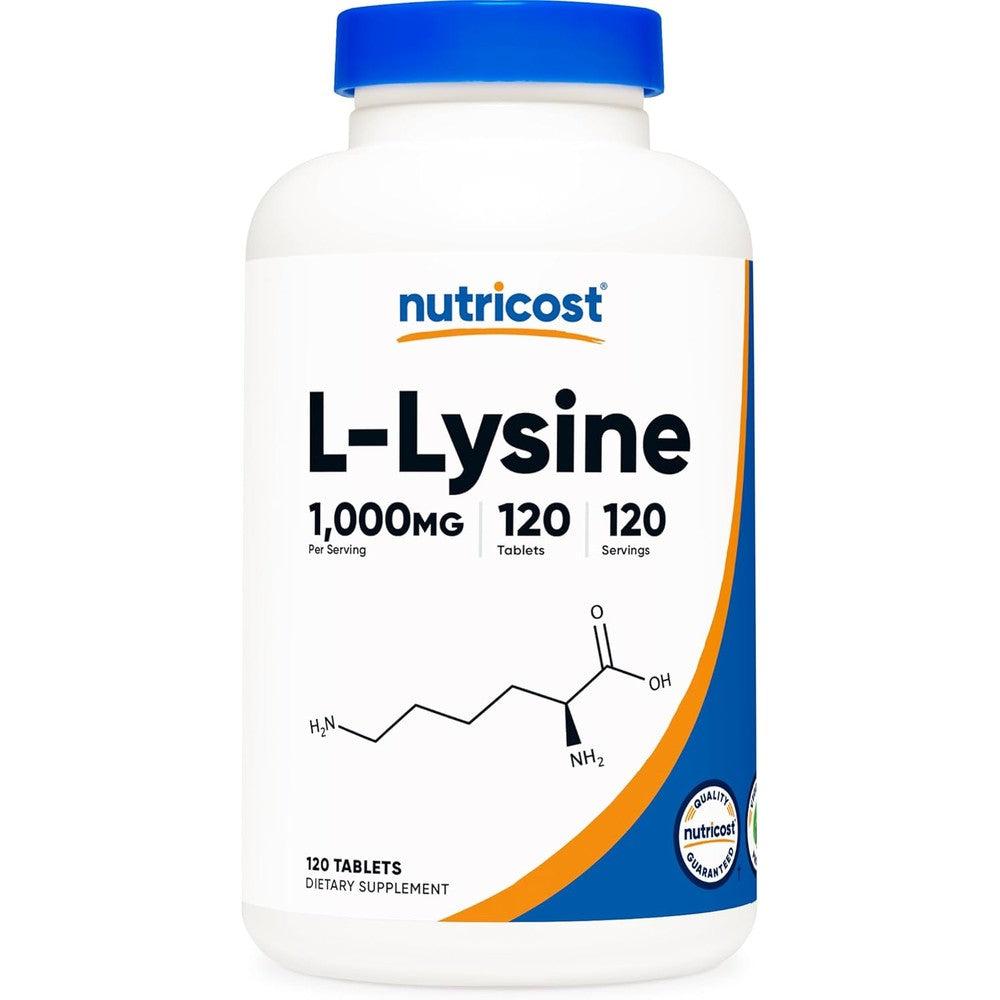 Nutricost L-Lysine 1000mg 120 tablets front view bottle premium immune support supplement