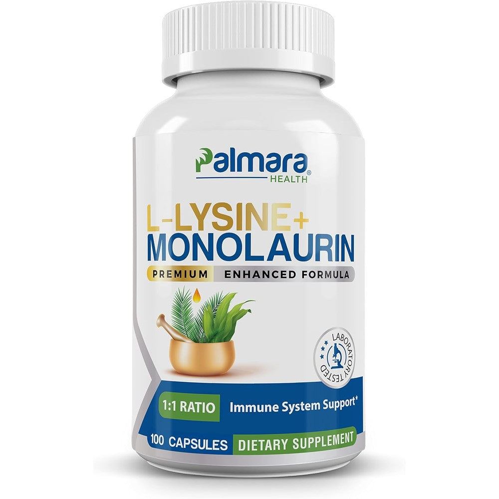 Palmara Health L-Lysine and Monolaurin 100 capsules front view