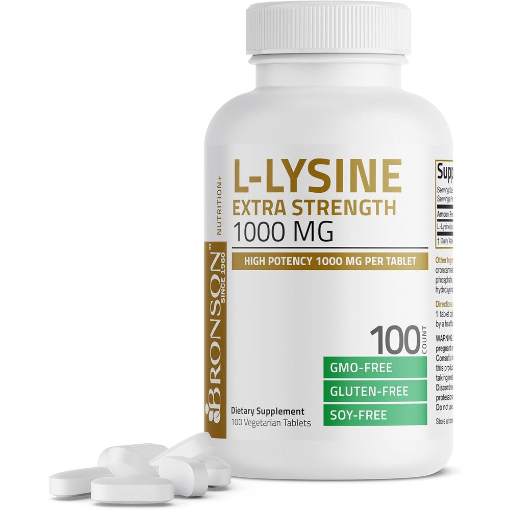 Bronson L Lysine Extra Strength 1000 MG bottle with 100 vegetarian tablets
