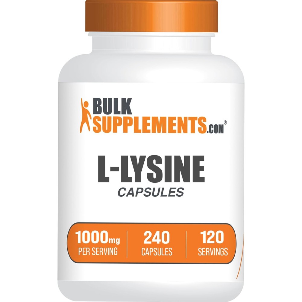 BulkSupplements L-Lysine HCl capsules bottle front view showing 1000mg potency and 240 count