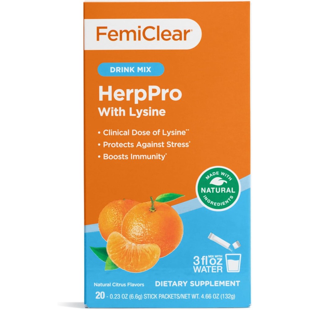 FemiClear HerpPro Drink Mix front view packaging with L-Lysine label