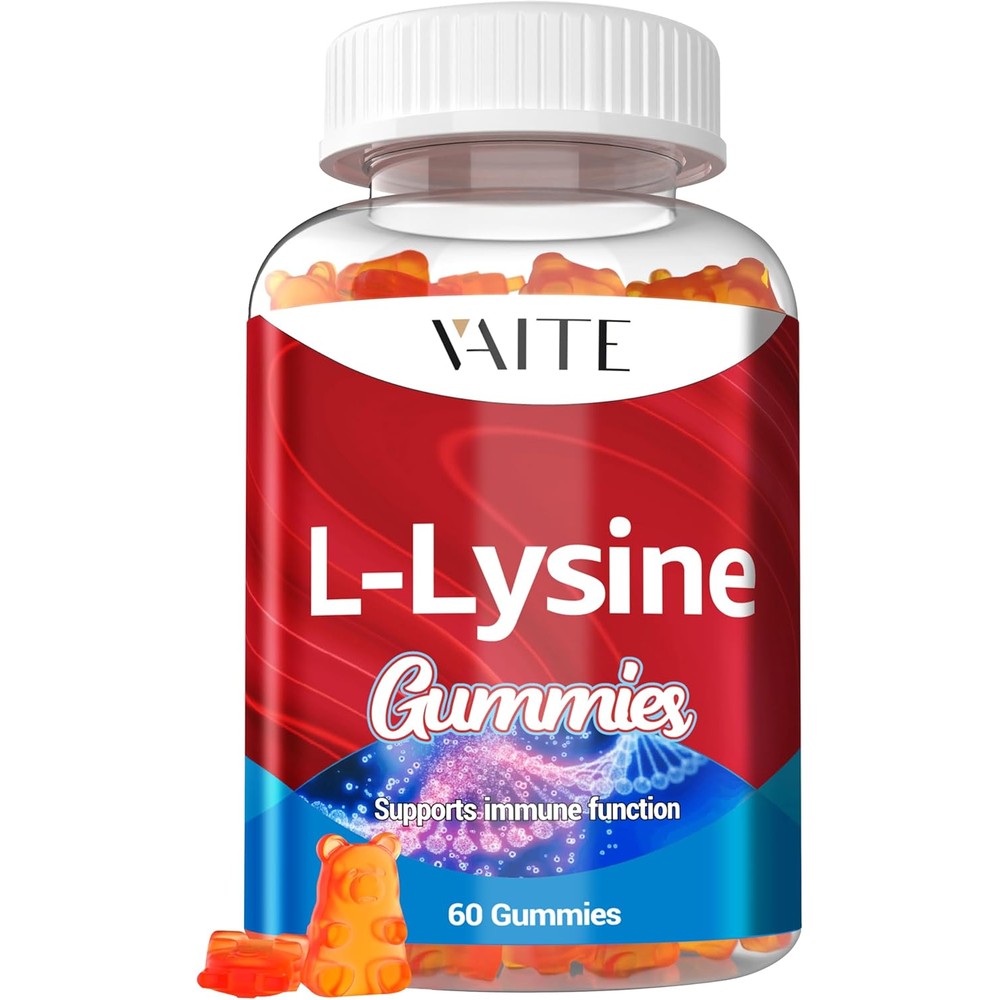 Vaite L-Lysine 1000mg Gummies front bottle view showing nutritional label and bear shaped chewables.