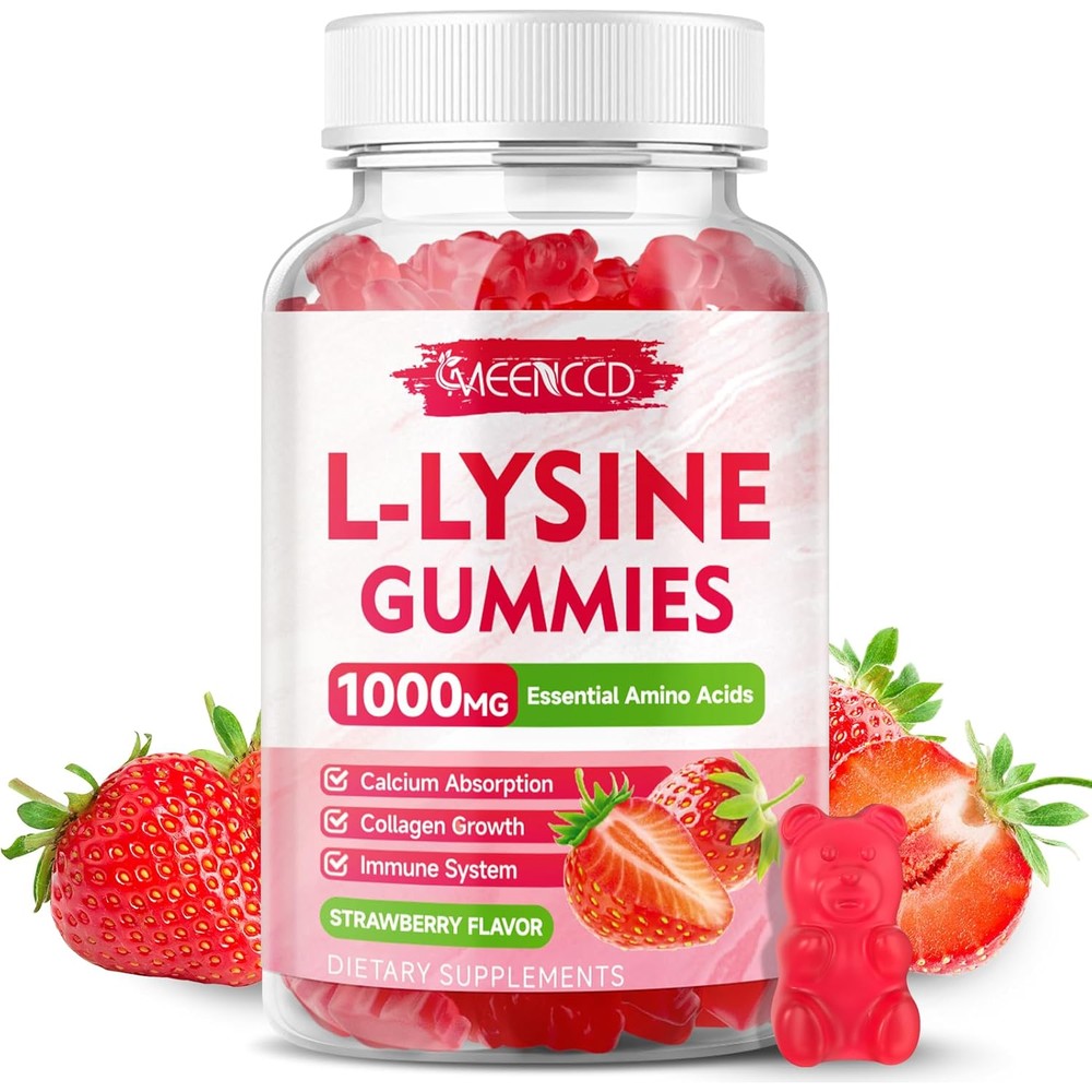 Meenccd L-Lysine 1000mg Gummies front view bottle strawberry flavor