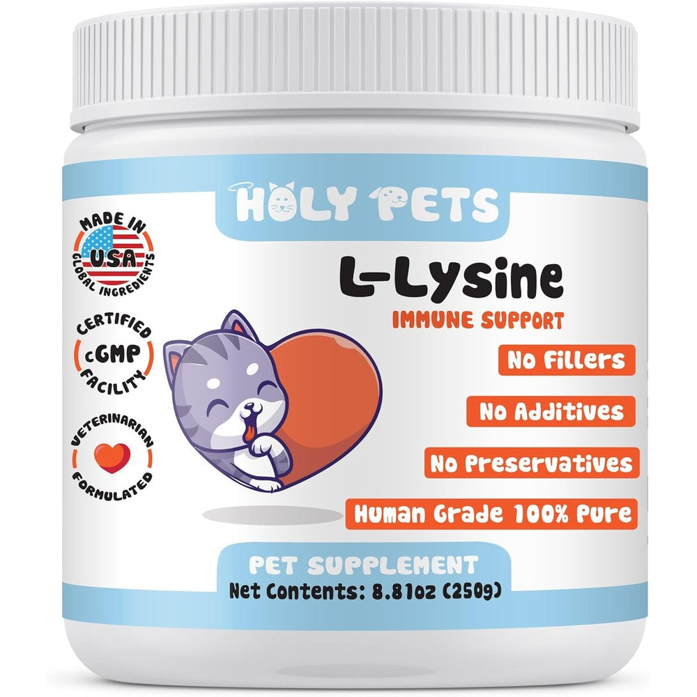 Artullano Holy Pets L-Lysine Powder container front view showing pet supplement branding