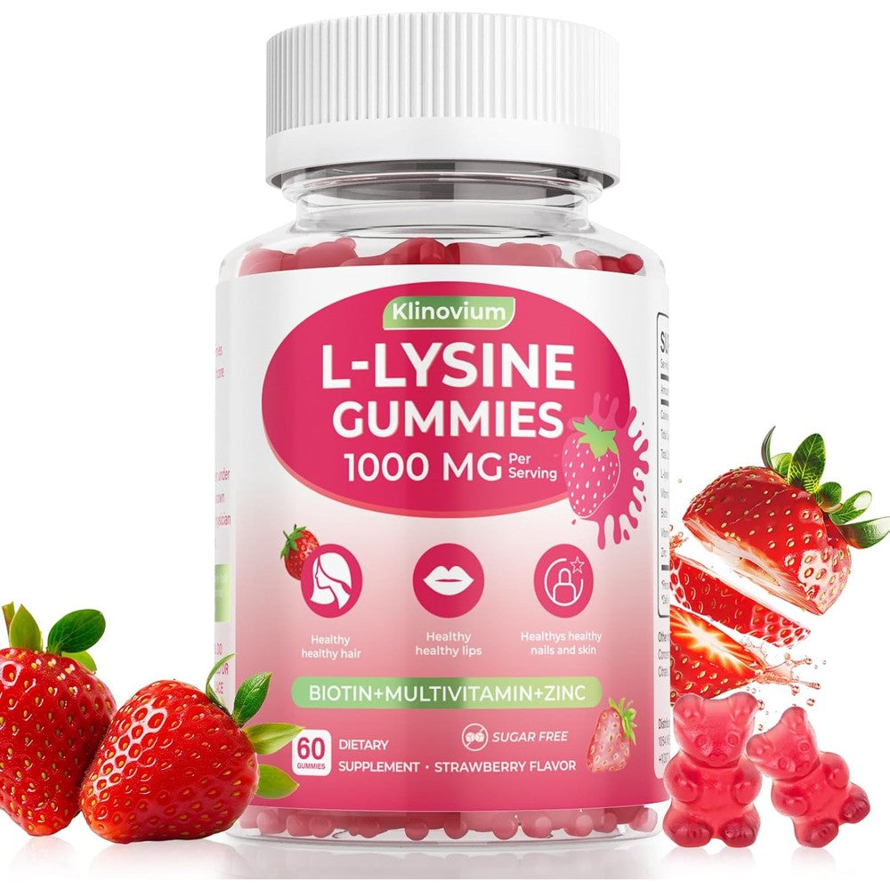 Klinovium L-Lysine Gummies front bottle view featuring strawberry flavor and 1000mg label.