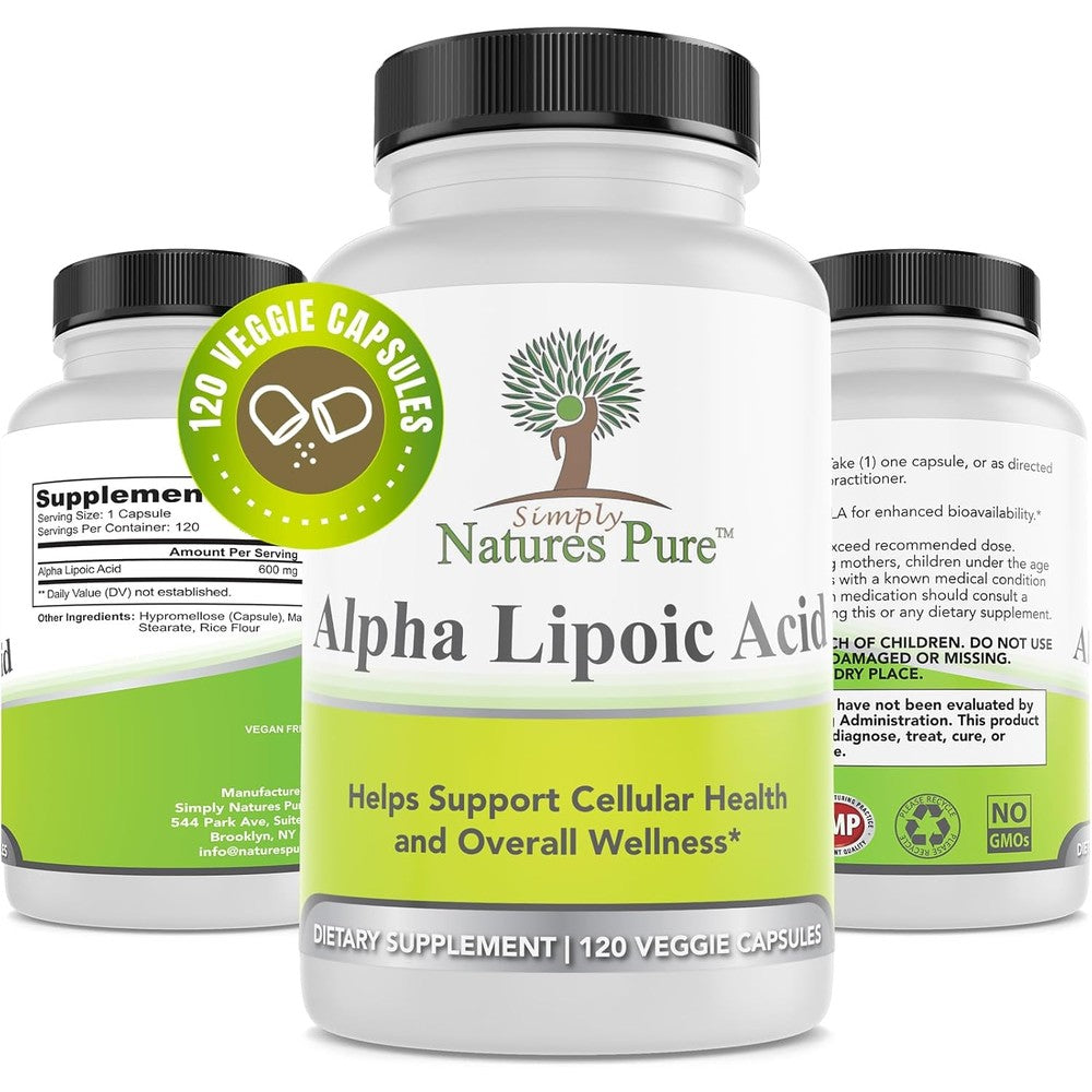 Simply Natures Pure Alpha Lipoic Acid 600mg 120 Veggie Capsules front view