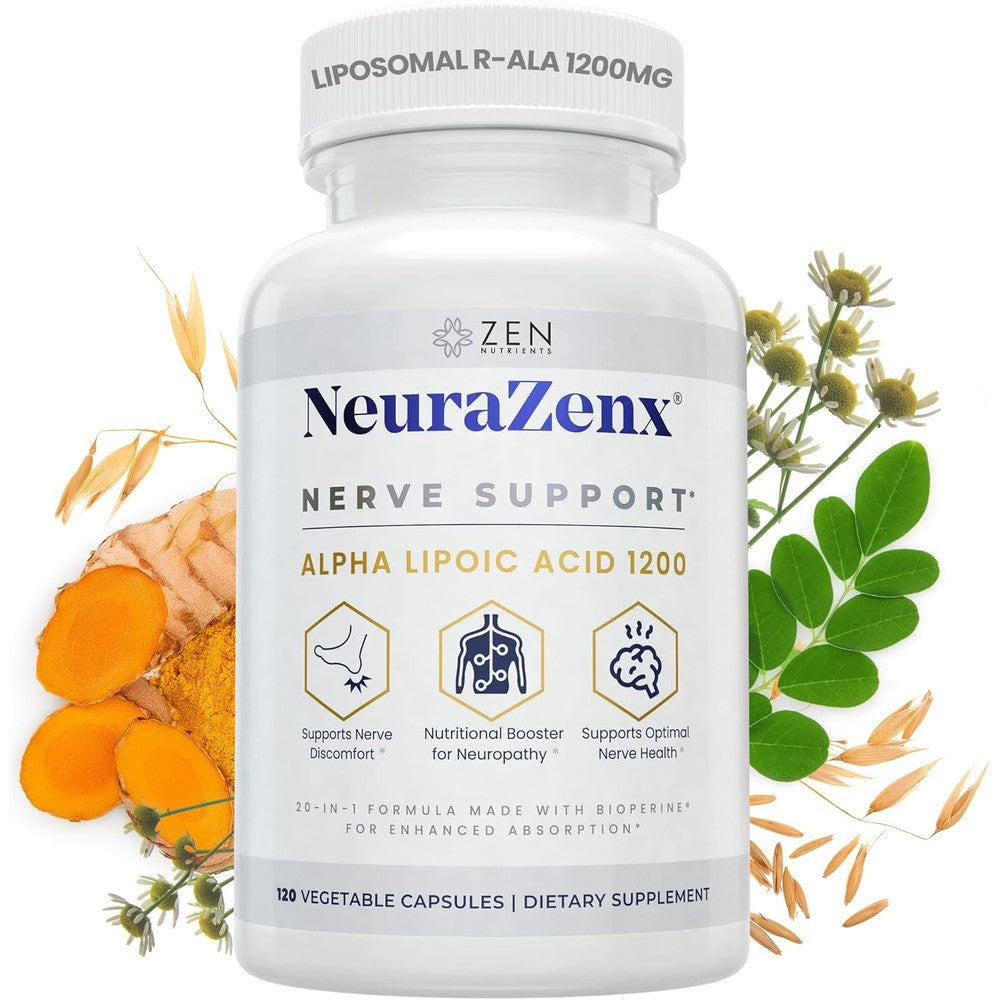 Zen Nutrients NeuraZenX Nerve Support 120 capsules front bottle view for peripheral neuropathy relief