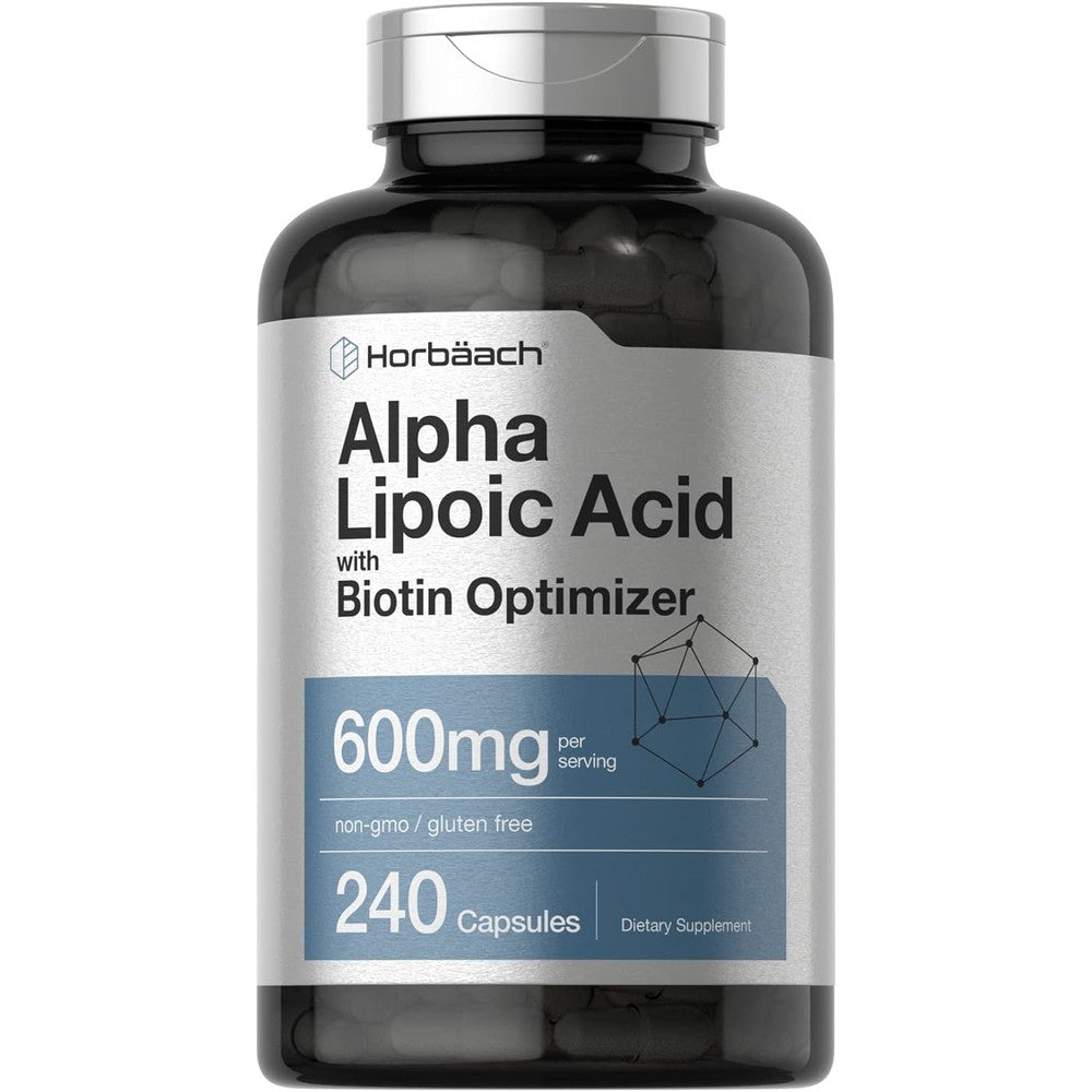 Horbaach Alpha Lipoic Acid 600mg 240 capsules front bottle view for antioxidant support