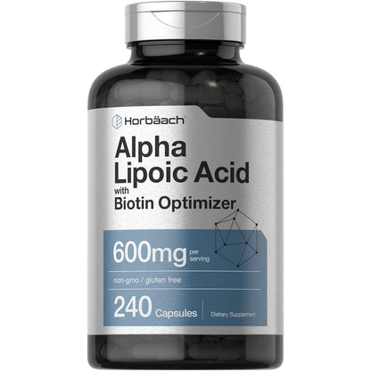 Horbaach Alpha Lipoic Acid 600mg 240 capsules front bottle view for antioxidant support