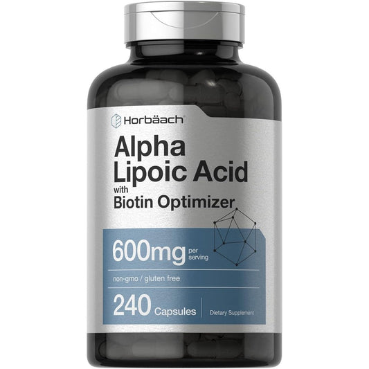 Horbaach Alpha Lipoic Acid 600mg 240 capsules front bottle view for antioxidant support