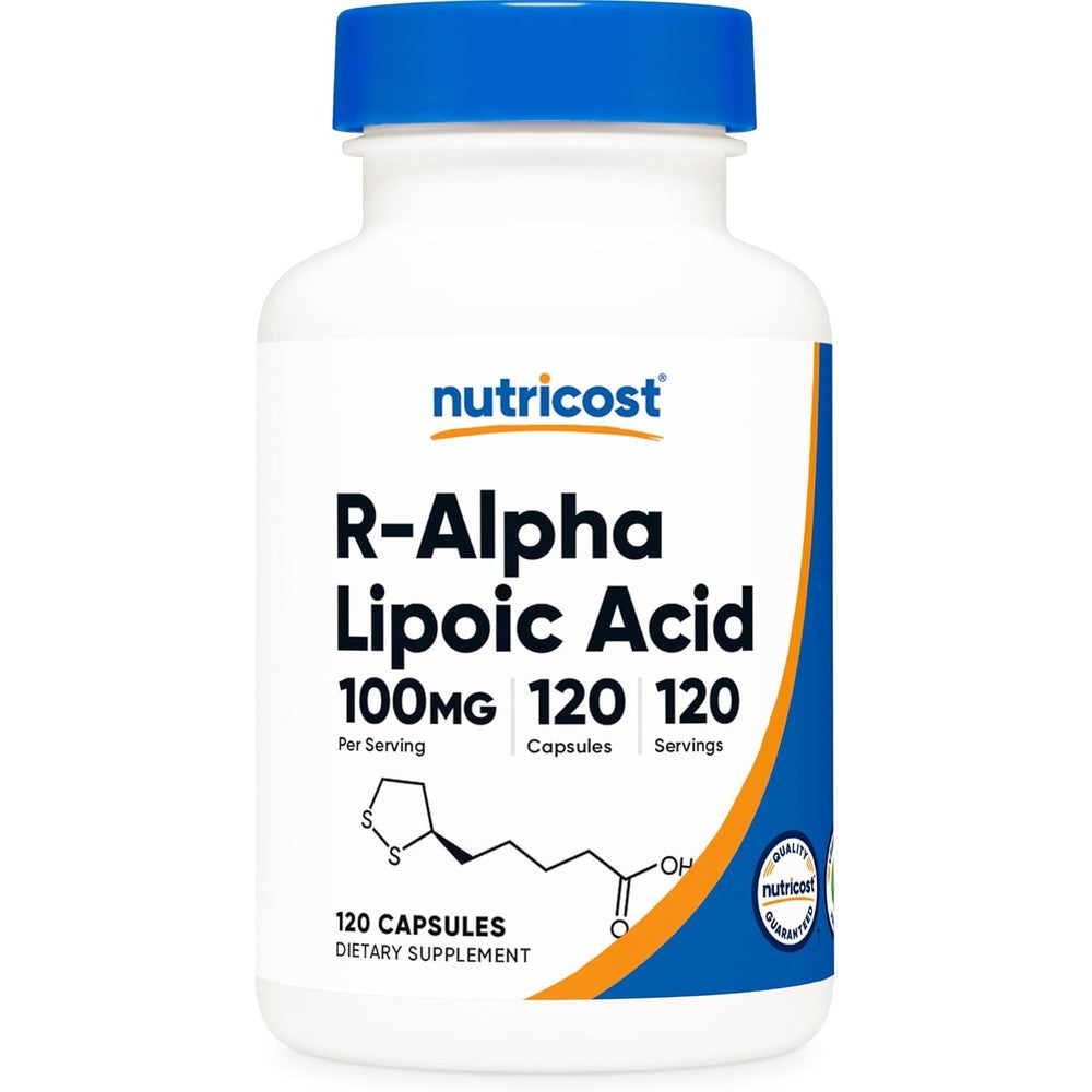 Nutricost R-Alpha Lipoic Acid 100mg bottle front view showing 120 vegetarian capsules for premium antioxidant support.
