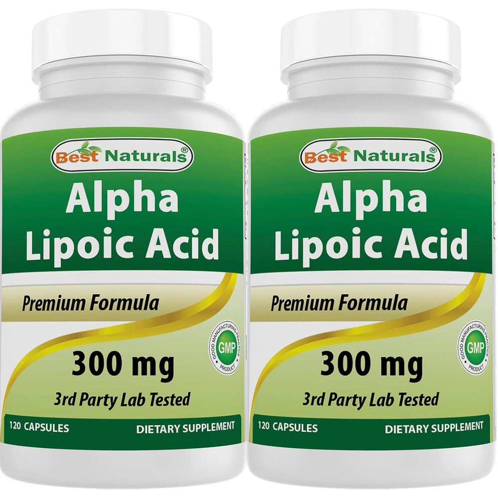 Best Naturals Alpha Lipoic Acid 300 mg twin pack bottles front view showing antioxidant benefits