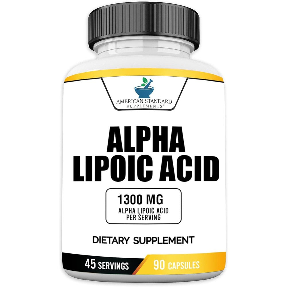 American Standard Supplements Alpha Lipoic Acid 1300mg bottle front view for premium antioxidant defense.