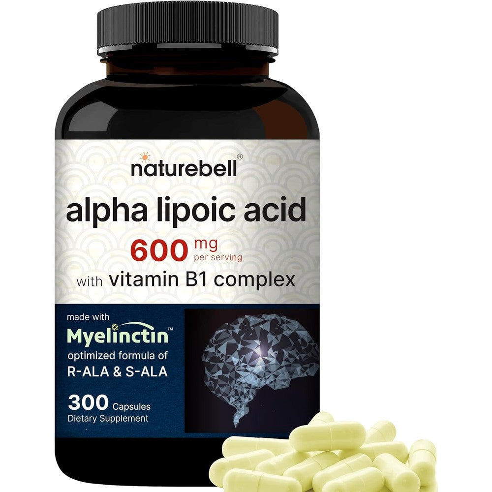 NatureBell Alpha Lipoic Acid 600mg 300 capsules front label view showing Myelinctin formula description