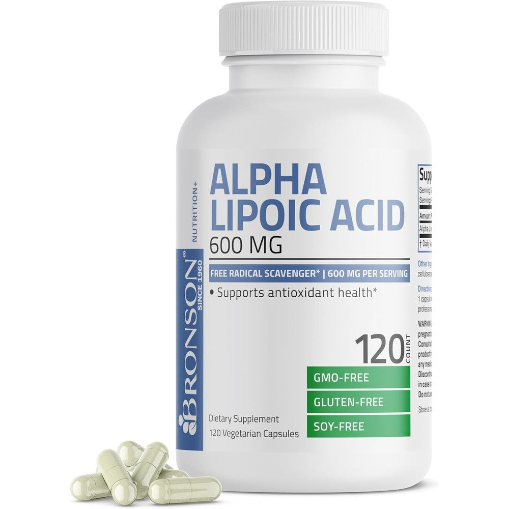 Bronson Alpha Lipoic Acid 600mg 120 vegetarian capsules front view bottle showing premium packaging