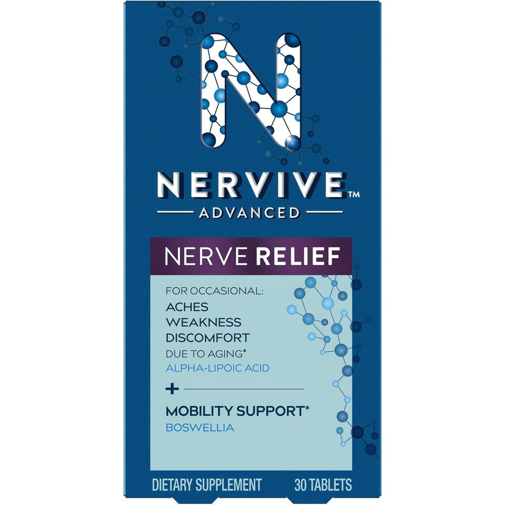 Nervive Advanced Nerve Relief and Mobility 30 tablets front view bottle packaging for nerve health support.