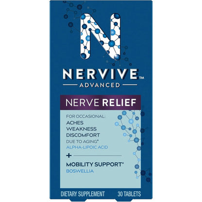 Nervive Advanced Nerve Relief and Mobility 30 tablets front view bottle packaging for nerve health support.