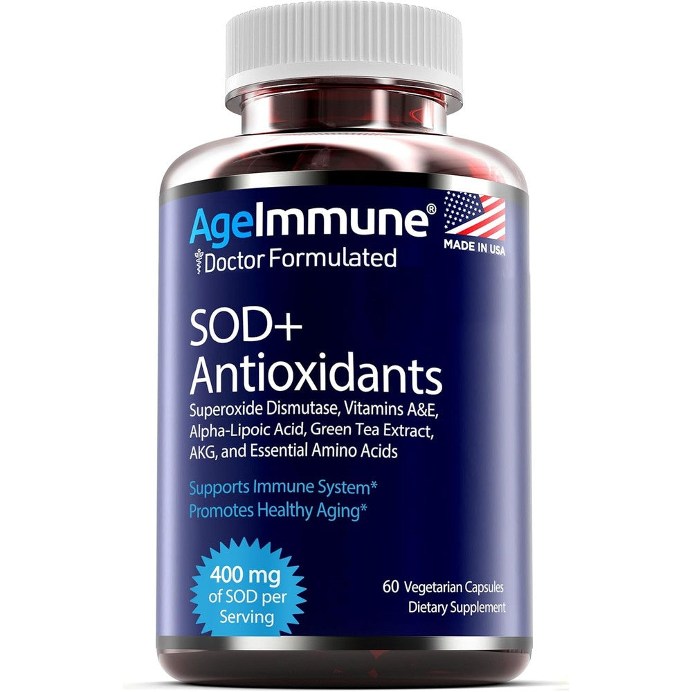 AgeImmune SOD Antioxidants Complex front label showing capsule count and key ingredients for anti-aging support.
