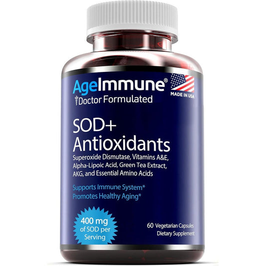 AgeImmune SOD Antioxidants Complex front label showing capsule count and key ingredients for anti-aging support.