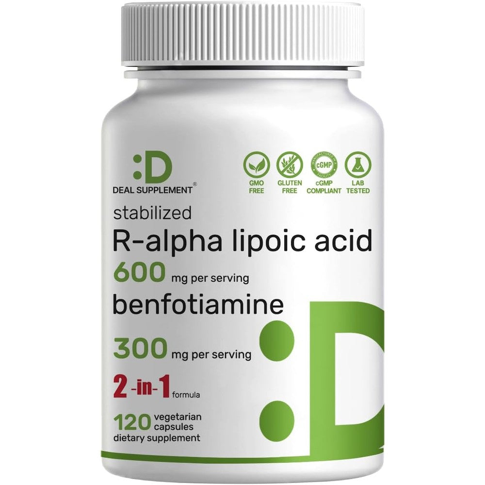 Deal Supplement R-Alpha Lipoic Acid 600mg and Benfotiamine 300mg front view bottle for antioxidant support.