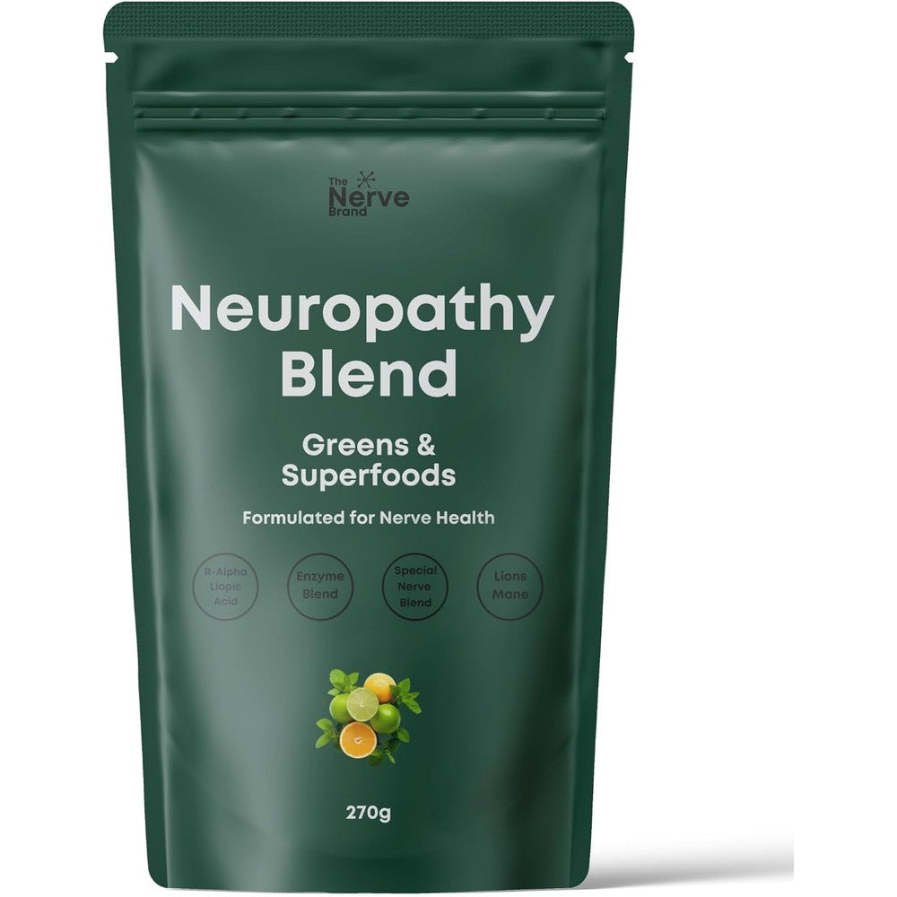 The Nerve Brand Neuropathy Superfood Blend front view packaging showing citrus flavor detailing for nerve health support.